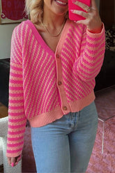 Rosa gestreifter Cardigan mit Knöpfen, V-Ausschnitt und überschnittenen Schultern